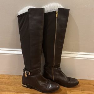 Michael Kors chocolate brown leather knee high boots with gold zipper accents